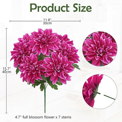 Hollyone Purple-Pink Artificial Dahlia Flowers with Stem Bushes 7 Heads Silk Fake Dahlias Flowers Wedding Bouquets Faux Dahlia Flower Floral Arrangements for Party Table Centerpieces Home Decor