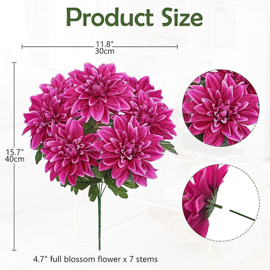 Hollyone Purple-Pink Artificial Dahlia Flowers with Stem Bushes 7 Heads Silk Fake Dahlias Flowers Wedding Bouquets Faux Dahlia Flower Floral Arrangements for Party Table Centerpieces Home Decor