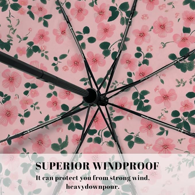 Windproof Travel Umbrella Flowers Florals Seamless Print Compact Auto Open/Close Folding Umbrellas for Rain