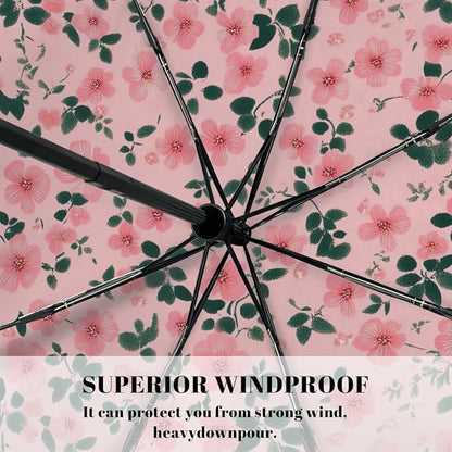 Windproof Travel Umbrella Flowers Florals Seamless Print Compact Auto Open/Close Folding Umbrellas for Rain