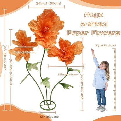 Giant Artificial Paper Flowers Decorations, Huge Realistic Faux Flower Large Wedding Reception Backdrop Home Office Indoor Outdoor Event Party Banquet Background Decor Photographic Props, Orange