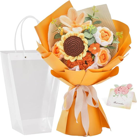 Alecono Crochet Flower Bouquet, Orange Knitted Flowers, Crochet Sunflower Flower for Lover Anniversary Birthday Party Mother's Day Graduation Gifts (Include Card)