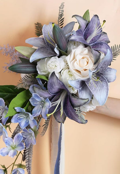 Bridal Bouquet,12 Inch Cascading Wedding Bouquets Bride Bouquets for Wedding Ceremony and Anniversary(Blue)