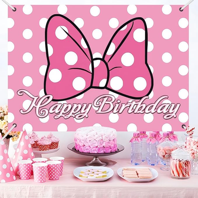 Pink Cartoon Dot Birthday Party Backdrop Banner with Bow Design, 59.1 x 39.4 inches, Photo Background with 32ft Ribbon