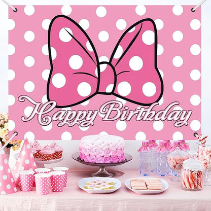 Pink Cartoon Dot Birthday Party Backdrop Banner with Bow Design, 59.1 x 39.4 inches, Photo Background with 32ft Ribbon