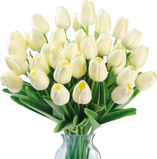 Sggvecsy 30 Pcs Fake Tulips Artificial Flowers Real Touch PU Faux Flowers Tulip Stems for Wedding Spring Bouquet Floral Arrangement Home Party Office Decorations for Mother's Day (Milk White)