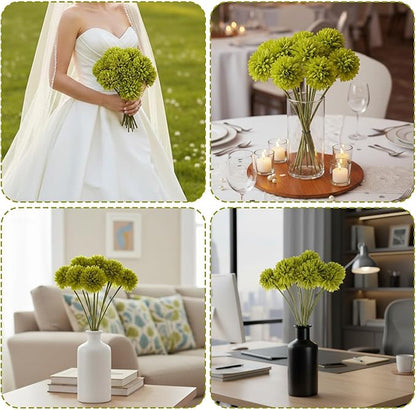 12 Pcs Artificial Chrysanthemums Flowers, Fake Silk Ball Flowers Mums Bouquets Arrangements Green Silk Flower for St Patricks Day Wedding Home Decor Table Centerpiece