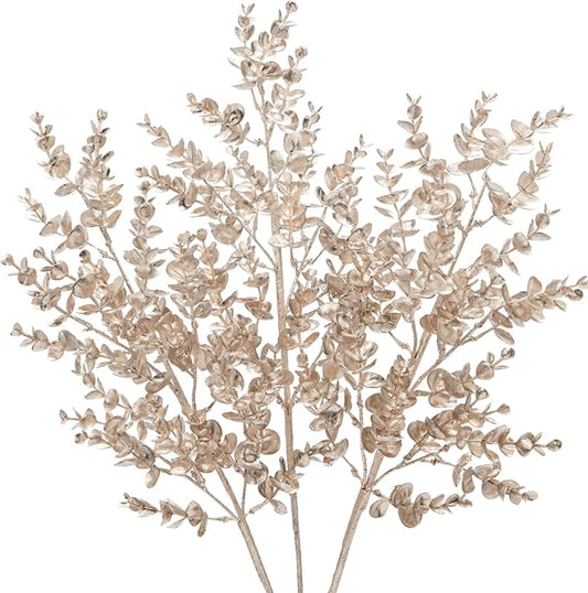 Hollyone 26.3” Christmas Tree Picks and Sprays 3Pcs Champagne Artificial Eucalyptus Stems Eucalyptus Leaves Branches Fake Leaf Floral for Vase DIY Xmas Tree Garland Wreath Centerpieces Wedding Decor