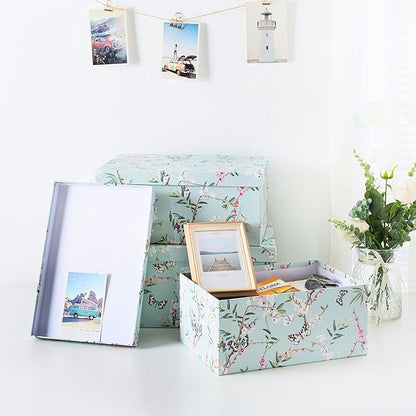 Soul & Lane Butterflies in Flight Photo Storage Boxes (Set of 3): Nesting Boxes with Lids, Floral Decorative Cardboard Containers, Paperboard Picture Storage for Photos, Nature Decor Cartons
