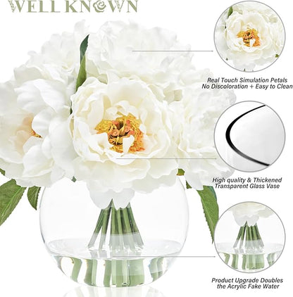 WELL KNOWN Artificial Flowers in Vase, Peonies Artificial Flowers for vase with Faux Water for Coffee Table Decor, Silk Fake Flower Arrangements Peonies Table Centerpieces (White)