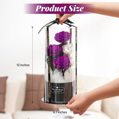 Flowers Forever Roses in A Box, 3 Real Roses with Stems and Bear, Eternal Rose Gifts for Her,Birthday Gifts for Women, Mom,Girlfriend,Grandma,Daughter,Purple