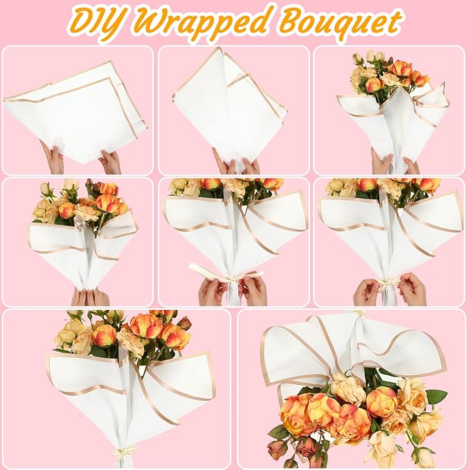 Yahenda 420 Sheet Flower Wrapping Papers Flower Bouquet Paper with Gold Edge Korean Style Bouquet Wrapping for Floral Supplies Wedding Anniversary DIY Gifts, 23 x 23 Inch(White)