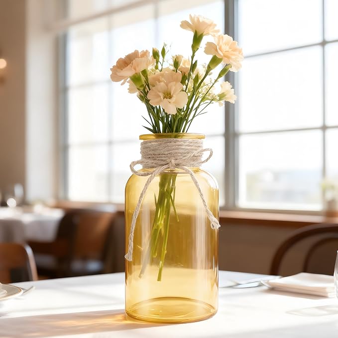 Vintage Glass Flower Vase，3 Pack Farmhouse Gold Glass Centerpiece Vases Mason Jars for Weddings, Parties & Home Decor Bulk (3, Gold)