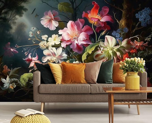 Colorful Floral Wallpaper Illuminated by Hazy Moonlight, Natural Landscape Flower Mural, Decorative Background Wall Mural（Non-self-Adhesive）