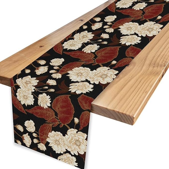 Boho Floral Table Runner, Black White Minimalist Vintage Rustic Flower Botanical Leaf Print Table Center Decor for Family Kitchen Table Decorations Indoor Outdoor 13x72 inch