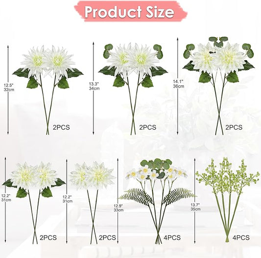 Dahlia Artificial Flowers 18PCS Fake White Flowers Realistic Dahlia Daisies Silk Flower Arrangements Faux Flowers for Vase Floral Centerpiece Arrangements Wedding DIY Bridal Bouquet Party Home Decor