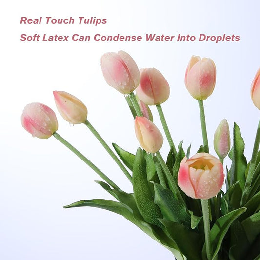 20PCS Peachy Fake Tulips Artificial Flowers Real Touch Latex Faux Tulips UV Resistant Fake Flowers Bouquet for Table Home Decor Party Wedding Garden Decoration