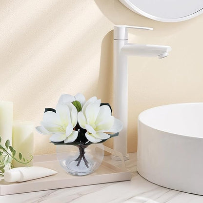 Artificial Magnolia Flower in Glass Vase, Fake Flowers with Faux Water for Realistic Look, Small Potted Plant for Home Desk, Bathroom, Office Shelf Table Centerpiece Decor(White)