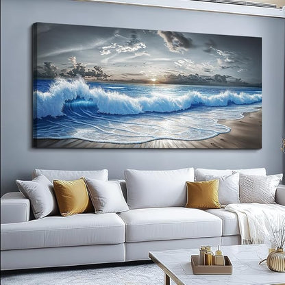 PHAOHUAXM Large Canvas Printed Artworks Mural Wall Decor For Living Room Wall Art For Bedroom Office Decor Black White And Blue Ocean Wave Landscape Painting Modern Home Decor Ready To Hang 30"X60"