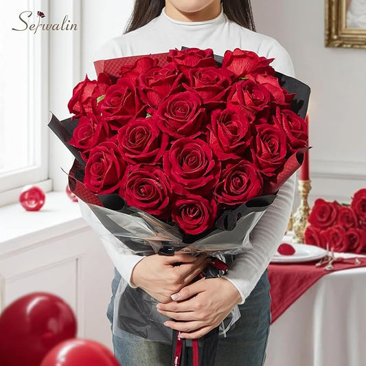 Serwalin 20pcs Red Roses Artificial Flowers, 4'' Big Velvet Flower Head Fake Roses, Realistic Silk Roses Bouquet Long Stems for Wedding Home Decor and Table Centerpiece