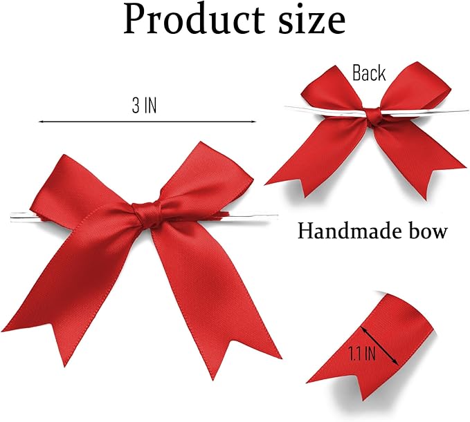 50 Counts Red Twist Tie Bows 3.1" Pre-Tied Satin Ribbon Bow Decor Mini Twist Tie Bows for Gift Wrapping Treat Bags Cake Bridal Baby Shower Birthday Party Favors Wedding Decorations