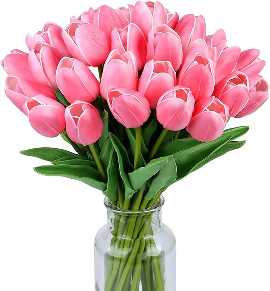 SITUMEIZI 15pcs Fake Tulips Artificial Flowers Real Touch Pink 14" Silk Flower for Home Kitchen Decor Spring Easter Wedding Bouquet Decorations Office Valentine's Day Gifts(Rose Red)
