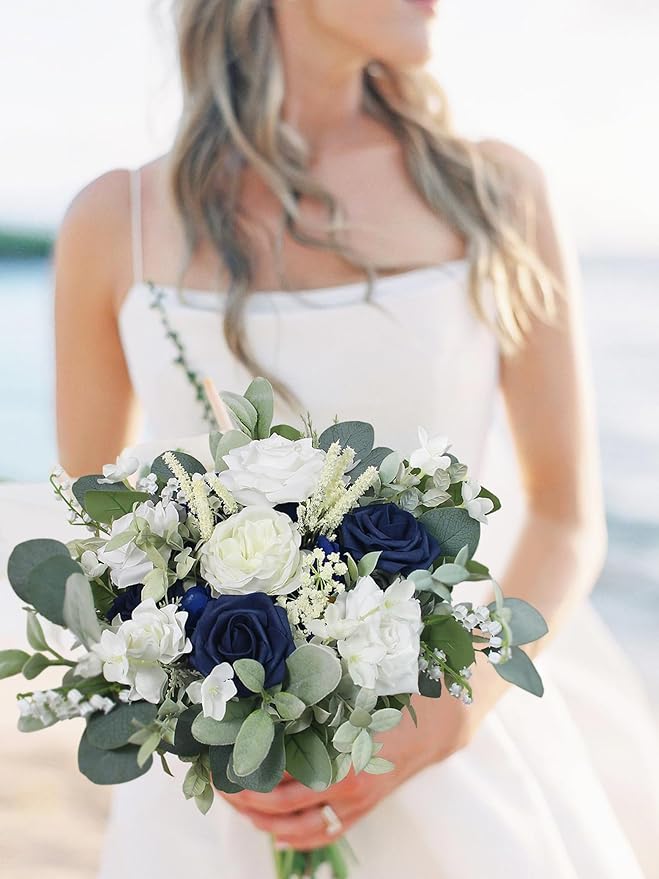 Rinlong 11.8" Wide Navy Blue Wedding Bouquets for Bride Blue White Bridal Bouquet for Wedding Artificial Flowers Bouquets