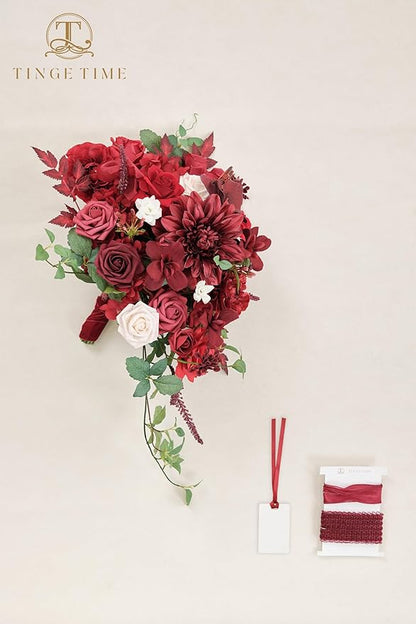 TINGE TIME 15 Inch Artificial Wedding Bouquets for Bride, Cascading Bouquet Wedding Bride Holding Flowers for Wedding Ceremony Anniversary, Bridal Shower and Party (Burgundy Red)