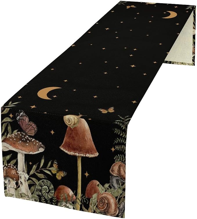 Retro Mushroom Table Runner, Boho Night Plants Leaves Moon Star Botanical Snail Butterfly Print Table Runner for Home Kitchen Dining Table Decor, 13x36inch