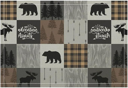 Rustic Cabin Placemats Bear Deer Moose Hunting Plaid Check Art Printed Dining Table Mats Set of 4 for Home Kitchen Holiday Picnic Party Decor 12x18in
