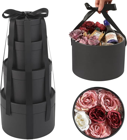 ROSEGLD Round Gift Boxes with Lids Set of 4, Luxury Gift Boxes with Ribbons Assorted Sizes, Nesting Gifts Boxes for Flowers Arrangements, Bridesmaid, Proposal, Wedding, Birthday, Party (Matte Black)