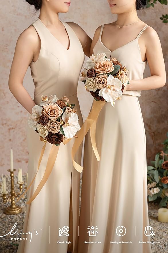 Ling's moment Bridesmaid Bouquet Set of 4, Brown & Beige Wedding Bouquets for Bridesmaids, 7 Inch Nut Brown Bridal Bouquets for Bridesmaids, Wedding, Ceremony, Anniversary, etc.