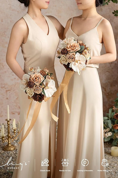 Ling's moment Bridesmaid Bouquet Set of 4, Brown & Beige Wedding Bouquets for Bridesmaids, 7 Inch Nut Brown Bridal Bouquets for Bridesmaids, Wedding, Ceremony, Anniversary, etc.