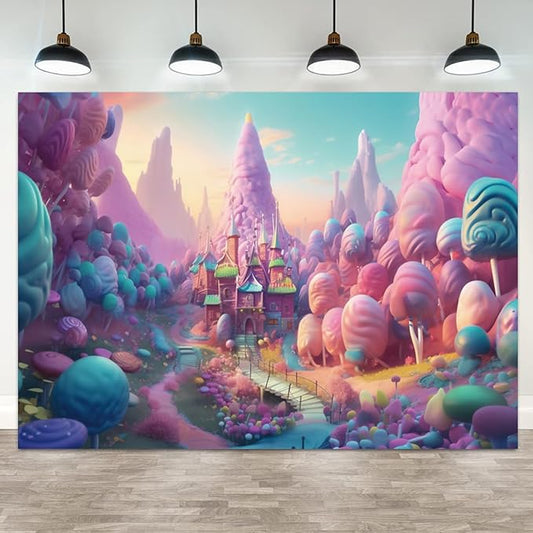 15x8ft Candyland Backdrop Fantasy Candy Castle Photography Background Sweet Lollipop Dream Blue Sky Cartoon Kids Birthday Banner Decorations Baby Shower Newborn Portrait Photo Booth Prop