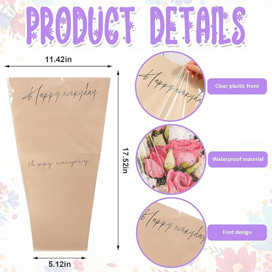 Hying 20 Pieces Flower Wrapping Bags for Bouquets, Floral Packing Sleeves Pink Kraft Paper Bouquet Bags Wrapping Sleeves for Teacher Graduation Wedding Mother's Day Gift