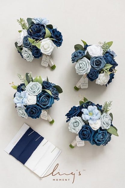 Ling's Moment Artificial Flowers Dusty Blue & Navy Blue Bridesmaid Bouquet Set of 4, Wedding Flowers Bouquets for Bridesmaids, 7 Inch Bridal Bouquets for Bridesmaids, Wedding Decor, Ceremony, etc