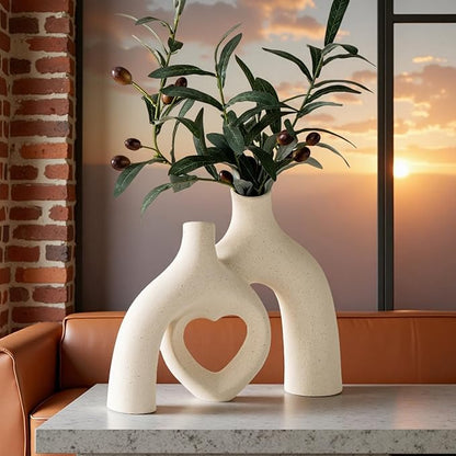 Snuggle Hollow Hug Donut Ceramic Vase, 8.3 Inch Modern Nordic Boho Style Aesthetic Decorative Flower Vases for Home Decor Pottery Barn Dining Living Room Table Shelf (Milky White)