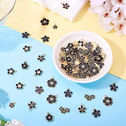KISSITTY 100Pcs Light Gold Alloy Enamel Charms Cherry Blossom Flower Charm Bulk Gold Plated Pendant Cute Small Floral Dangle Charms for DIY Jewelry Making Kit Bracelet Necklace Keychain Crafts