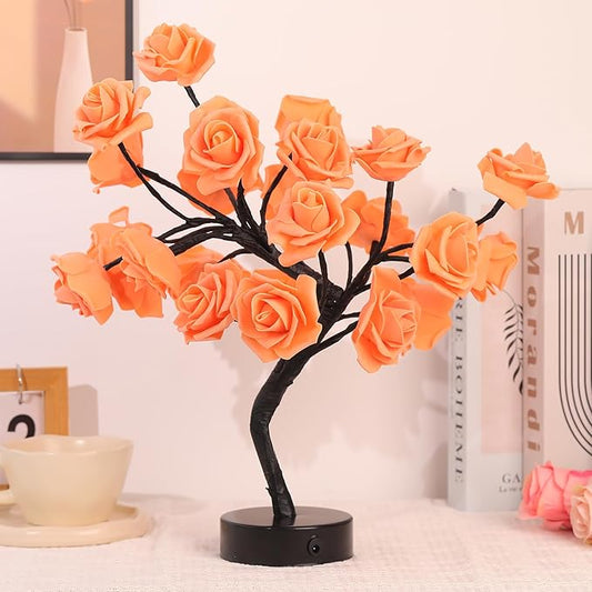 Drawelry Rose Flower Tree Lamp - LED Rose Tree Table Lamp USB/Battery Powered Artificial Bonsai Flower Night Light for Bedroom Living Room Party Wedding Birthday Decor (Orange)