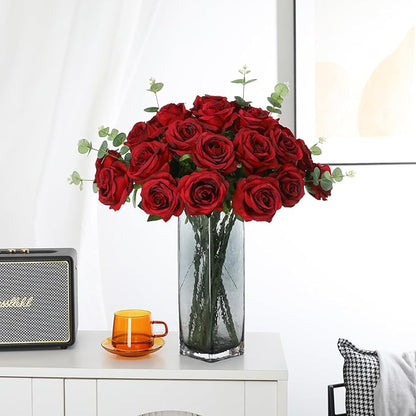 Tifuly Red Roses Artificial Flowers - 12 pcs Realistic Long Stem Fake Roses Faux Silk Flowers for DIY Bouquets Wedding Centerpieces Arrangements Home Party Decor（Burgundy）