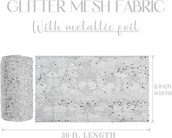 MEEDEE 6 Inch Wide Wired Ribbon Silver Glitter Mesh Web Wired Edge Ribbon by 10 Yards Roll Silver Wired Mesh Ribbons for Christmas Tree, Garland, Holiday Wreaths, Bows, Centerpiece, Gift Wrapping
