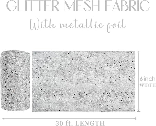MEEDEE 6 Inch Wide Wired Ribbon Silver Glitter Mesh Web Wired Edge Ribbon by 10 Yards Roll Silver Wired Mesh Ribbons for Christmas Tree, Garland, Holiday Wreaths, Bows, Centerpiece, Gift Wrapping