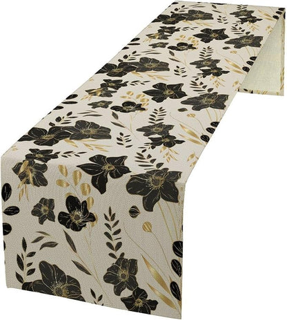 Black Gold Floral Table Runner, Mordern Minimalist Luxury Golden Floral Leaves Print Table Runner for Indoor Outdoor Home Decor Party Decor, 13x108inch