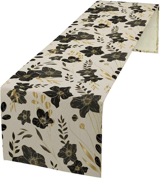 Black Gold Floral Table Runner, Mordern Minimalist Luxury Golden Floral Leaves Print Table Runner for Indoor Outdoor Home Decor Party Decor, 13x90inch