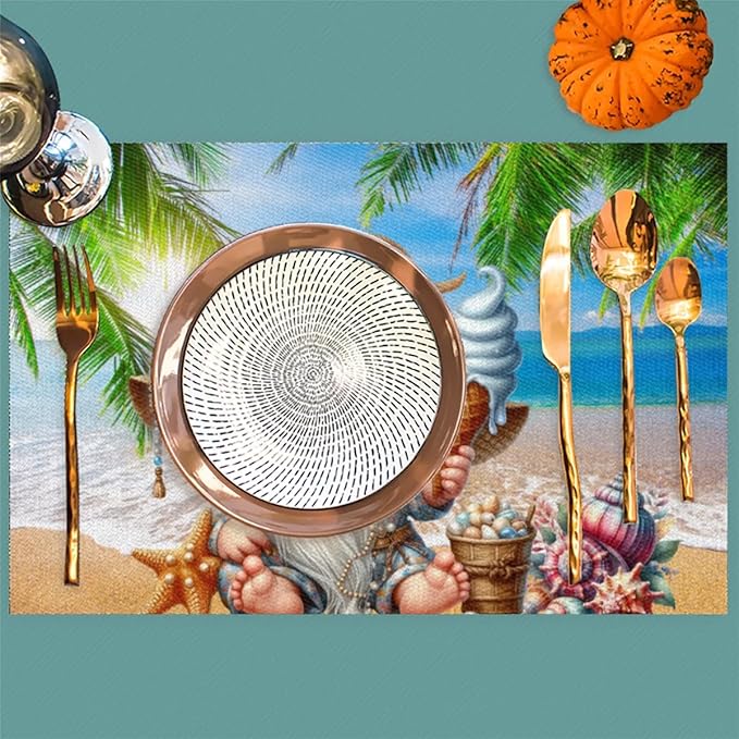 PVC Placemats Set of 6 Summer Gnomes Cute Wipeable Table Mats Washable Heat Resistant Non Slip Vinyl Dining Table Mat for Kithen Indoor Outdoor Patio Farmhouse Place Mats Decorative