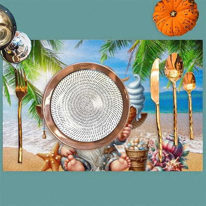 PVC Placemats Set of 6 Summer Gnomes Cute Wipeable Table Mats Washable Heat Resistant Non Slip Vinyl Dining Table Mat for Kithen Indoor Outdoor Patio Farmhouse Place Mats Decorative