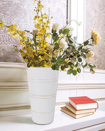 12 Inch Galvanized Metal Vases for Flowers - 6 Pcs Farmhouse Decorative Tall Flower Bucket with Handles, Rustic French Tin Planter Buckets for Wedding Decor (White)