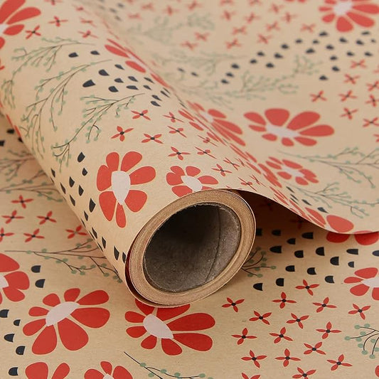 Aimyoo Kraft Floral Wrapping Paper Roll, All Occasion Vintage Red Flower Gift Wrap for Wedding Birthday Bridal Shower, 17 inch x 10 ft