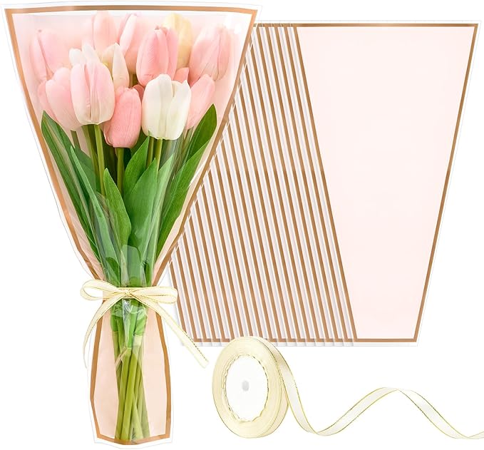 Mauproy 50 Pack Pink Flower Bags for Bouquets, 17.7 x 10.9 Inches Plastic Flower Sleeves Clear Front Floral Wraps with Ribbons for Christmas Florist Packaging Supplies