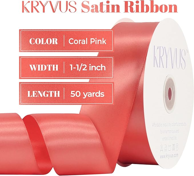 Coral Satin Ribbon, Double Faced 1-1/2 Inch X 50 Yards Coral Ribbon, for Gift Wrapping, Crafts, Hair Bow Making, Sewing, Flower Bouquet, Wedding Party Decor